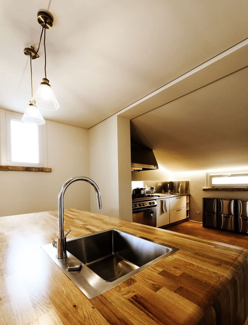 Kitchen, Countertop, Interior Design, Wood, Ceiling, Light Fixture, Flooring, Kitchen Appliance, Lighting, Kitchen Sink