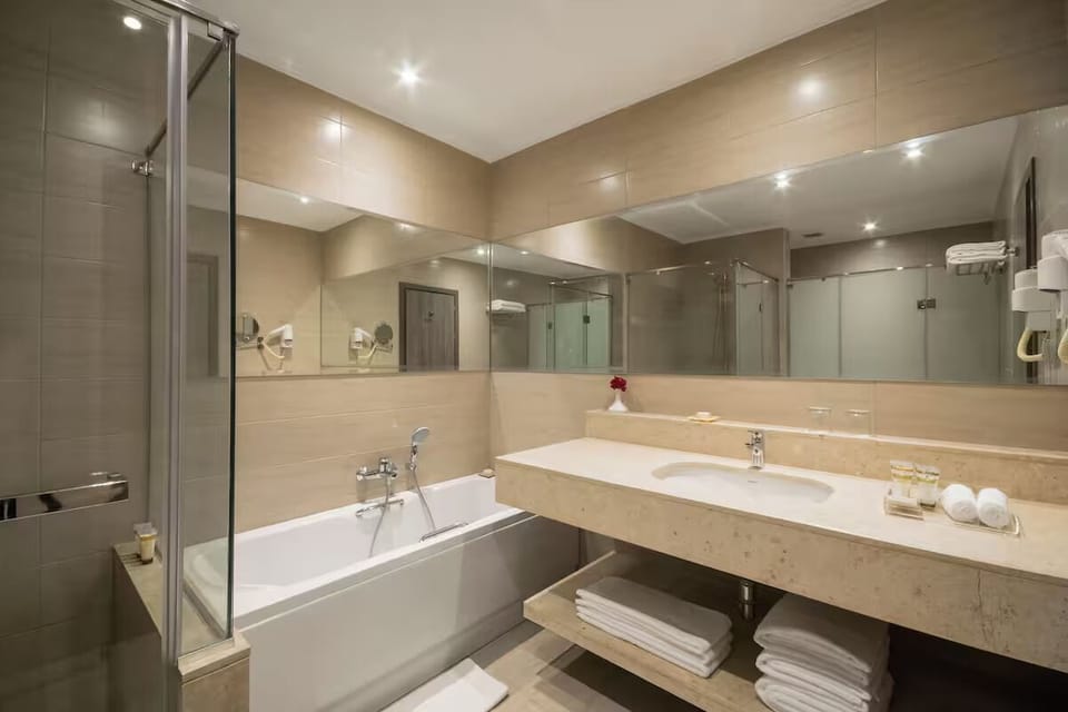 Unwind in a spotless spa bathroom with deep soaking tub.