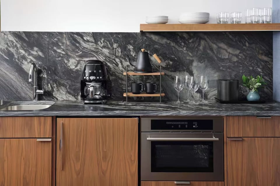 Enjoy sleek finishes and everything needed for simple meals.