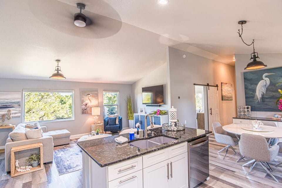 Kitchen overlooking living area  & canal