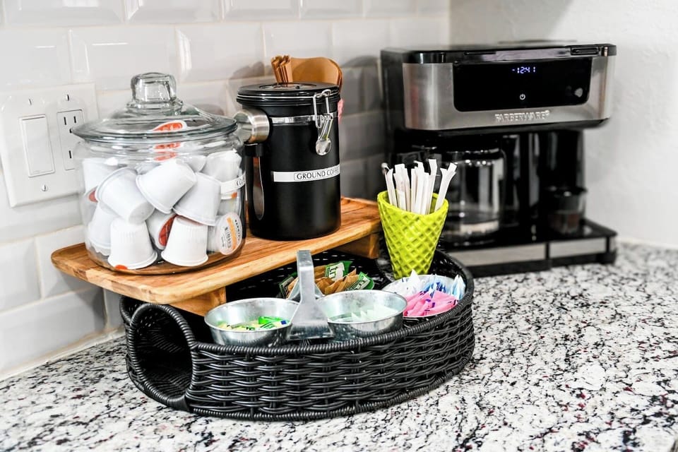 We’ve got coffee lovers covered! Enjoy a fully stocked coffee station with everything you need to start your mornings right!