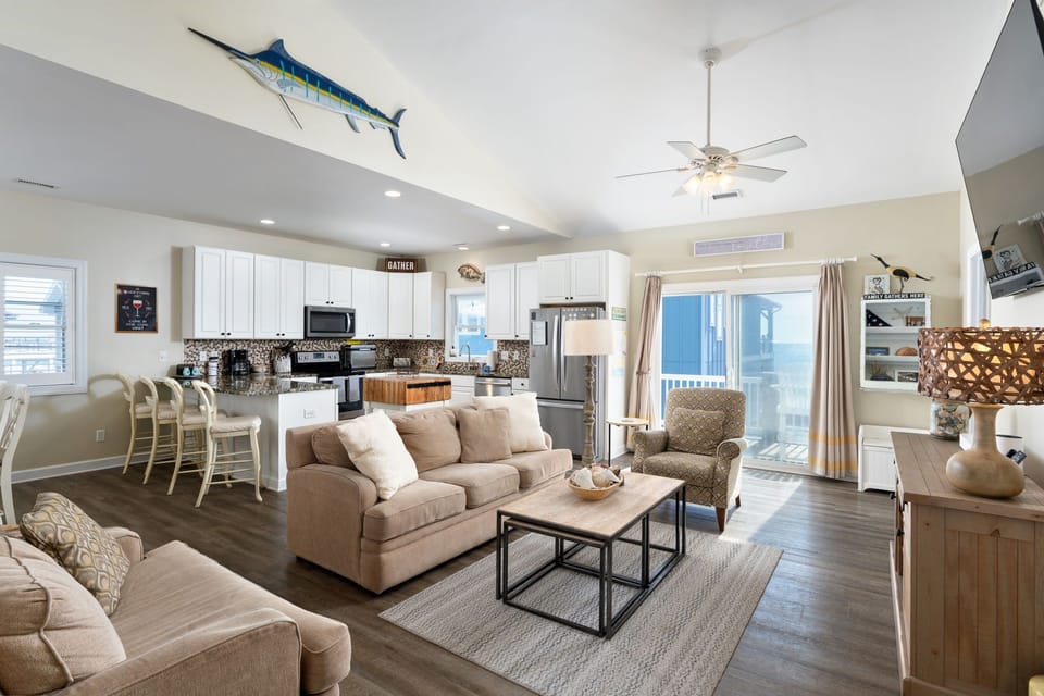 Open concept living area with ocean views