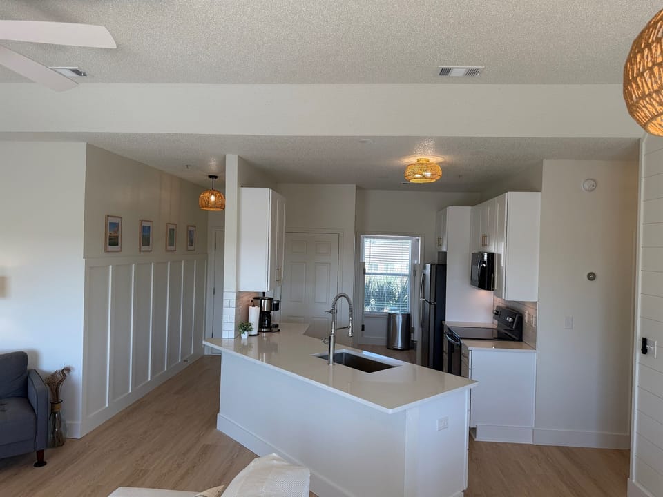 Custom renovated kitchen, facing from the balcony 