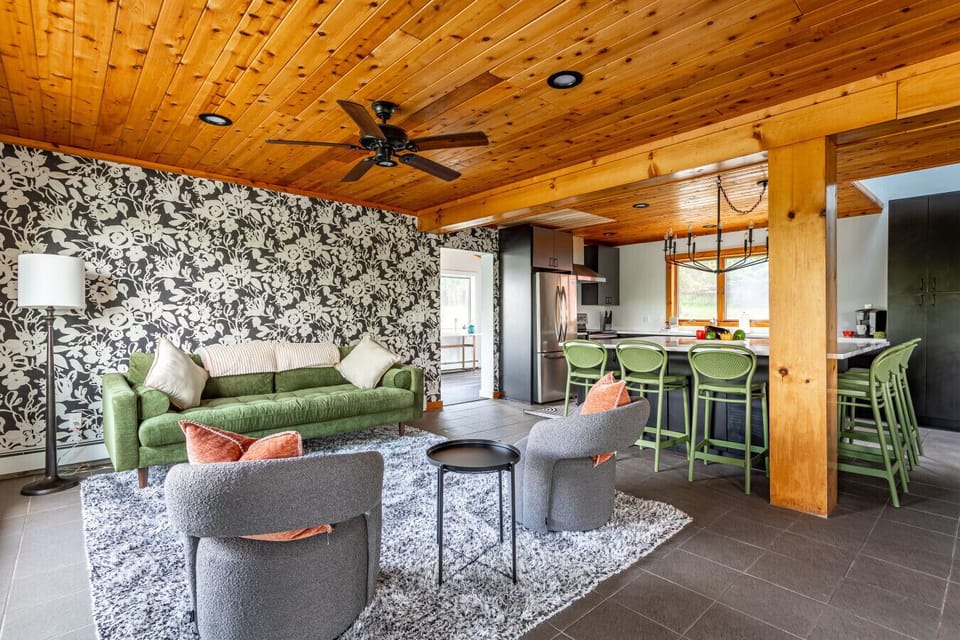 Comfy seating area with ceiling fan