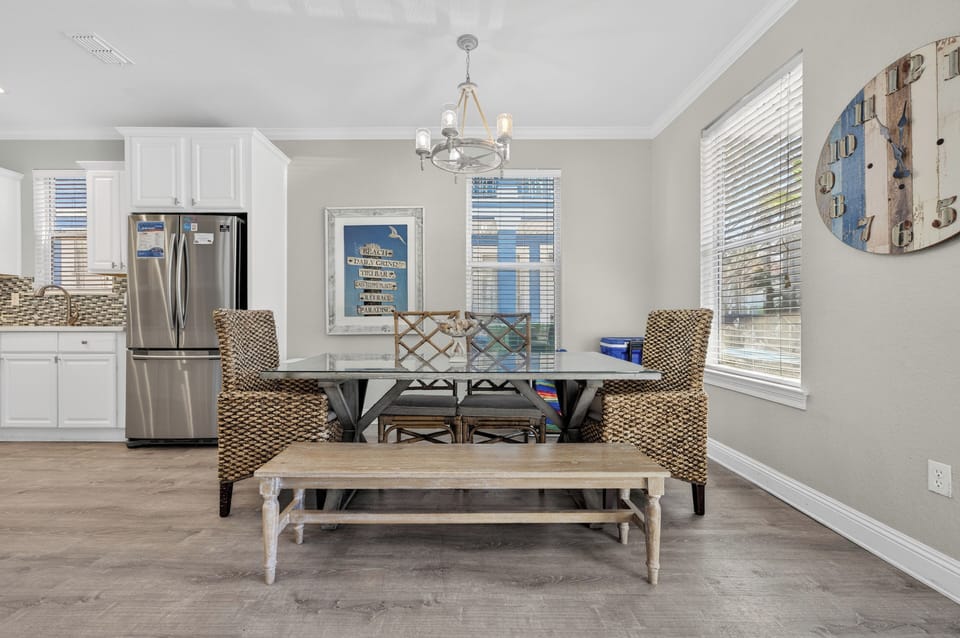 dining room table. Seating for 7 + more at the bar.