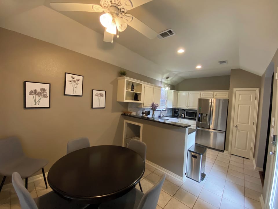 Fully outfitted kitchen. Cookware, coffeemaker, and place settings for 6