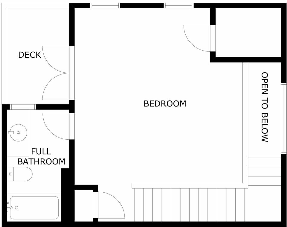This floor includes a bedroom with deck access, a full bathroom with tub and shower, and a private balcony—perfect for your mountain getaway.