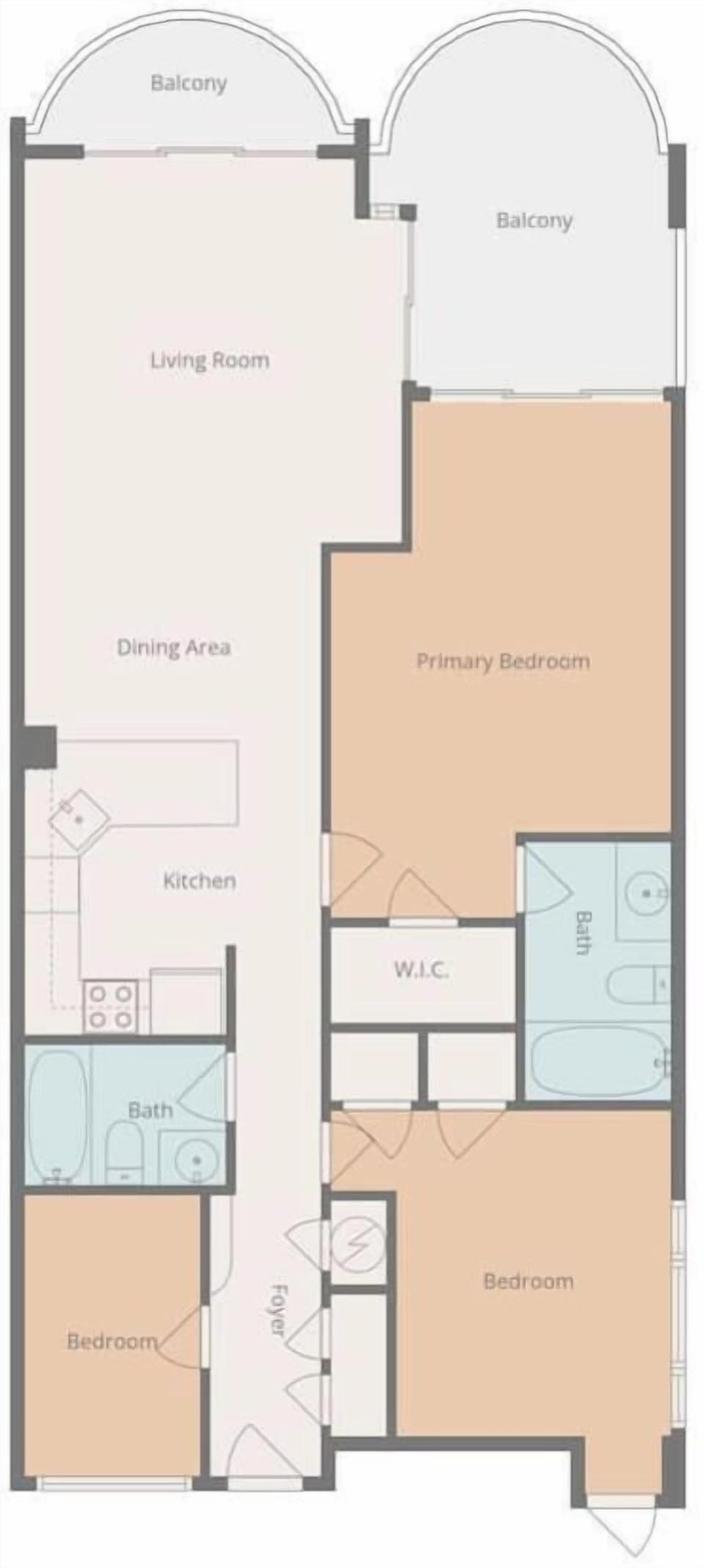 Floor plan of Palms Resort Unit 1202 showing an oceanfront end-unit layout with wraparound balconies, open living and dining areas, fully equipped kitchen, three bedrooms, and two full bathrooms.
