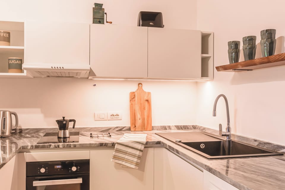 Fully equipped kitchen with dishwasher, fridge and full- surface induction top.