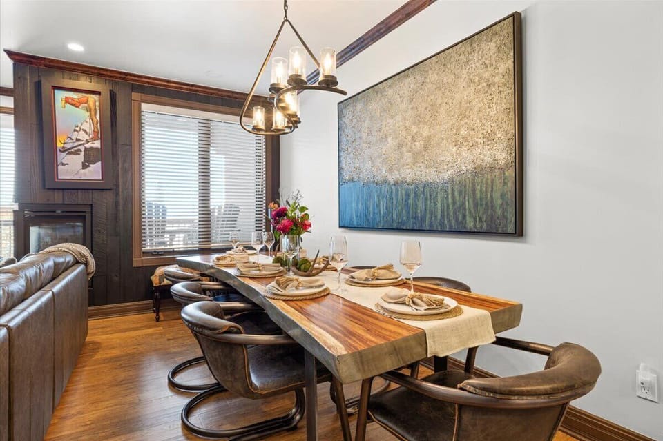 Dining area: 8-person dining table, gas fireplace