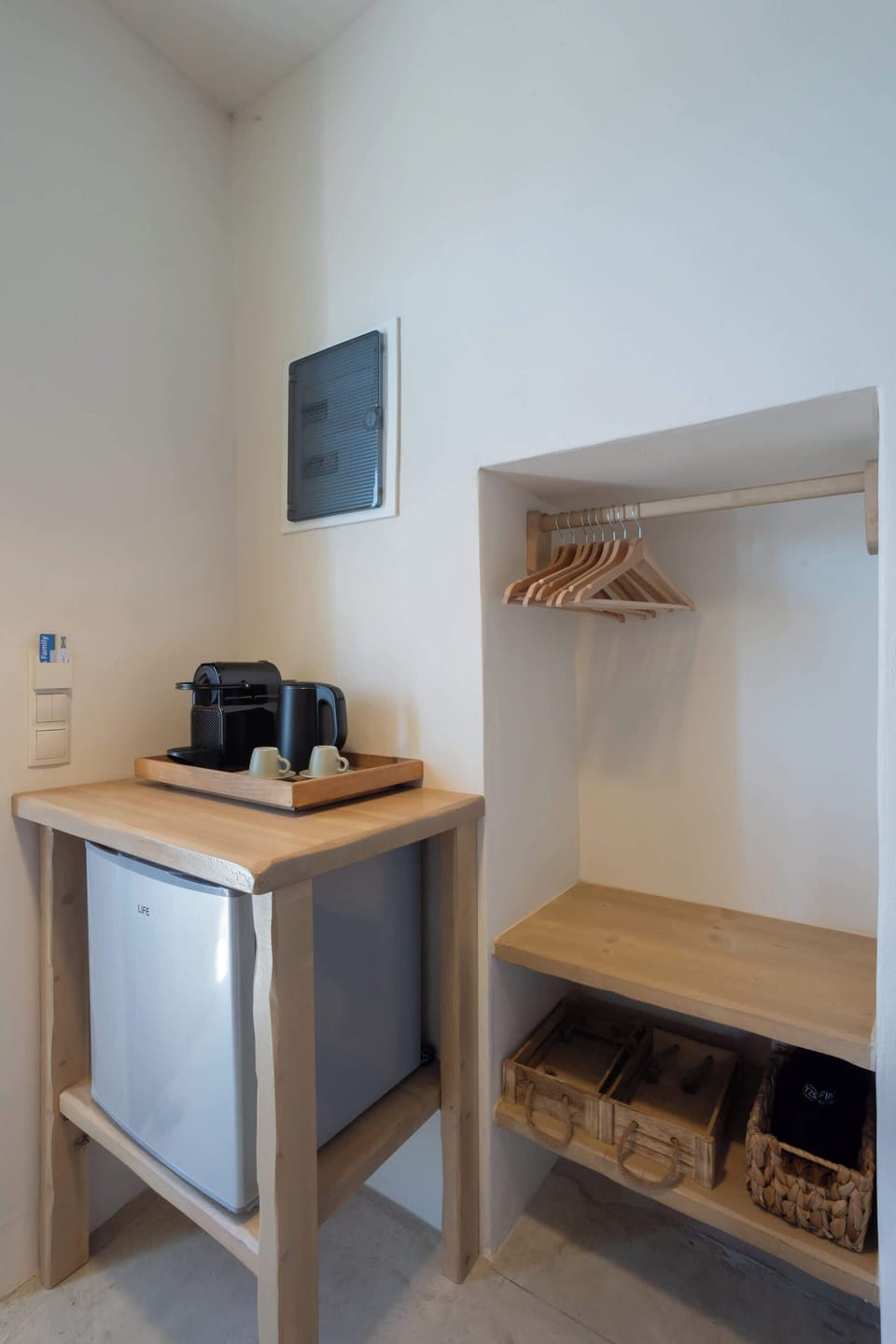 Compact Coffee Preparation Corner with Traditional Wooden Furniture