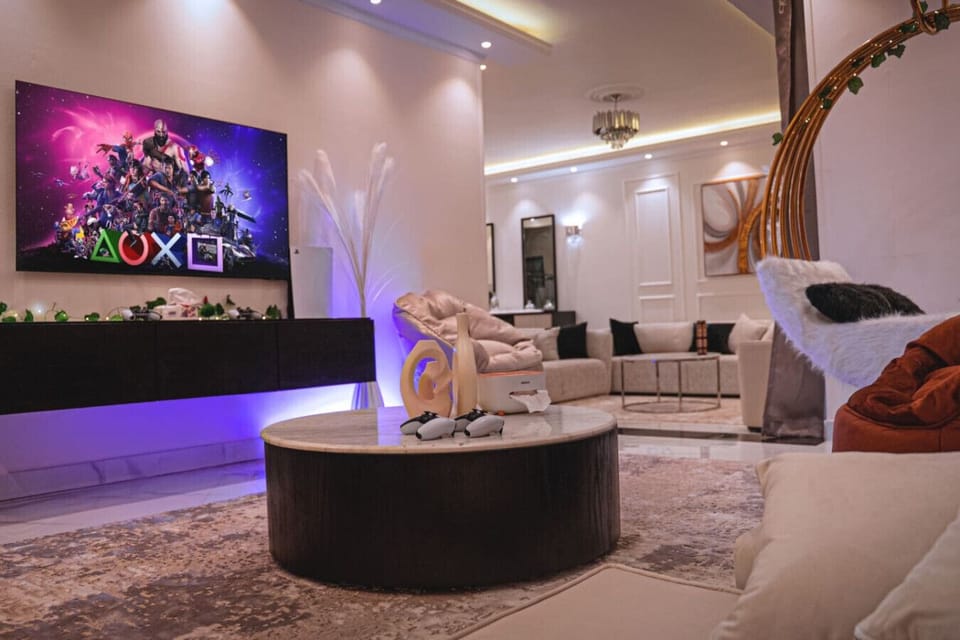 Game Room TV, Sofas, Coffee Table, PS5, Hammock