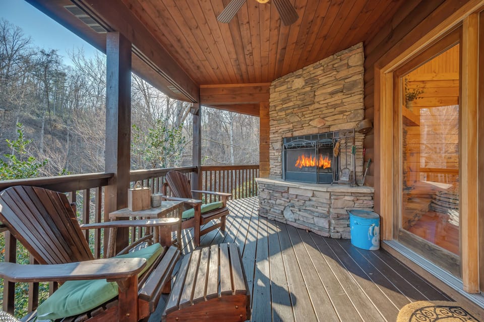 Outdoor fireplace on wrap around deck