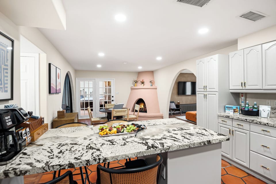 Kitchen Island with seating for 4 and coffee/tea station. 