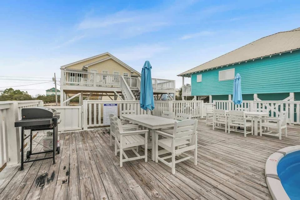 Outdoor dining and grill make group meals easy and fun.