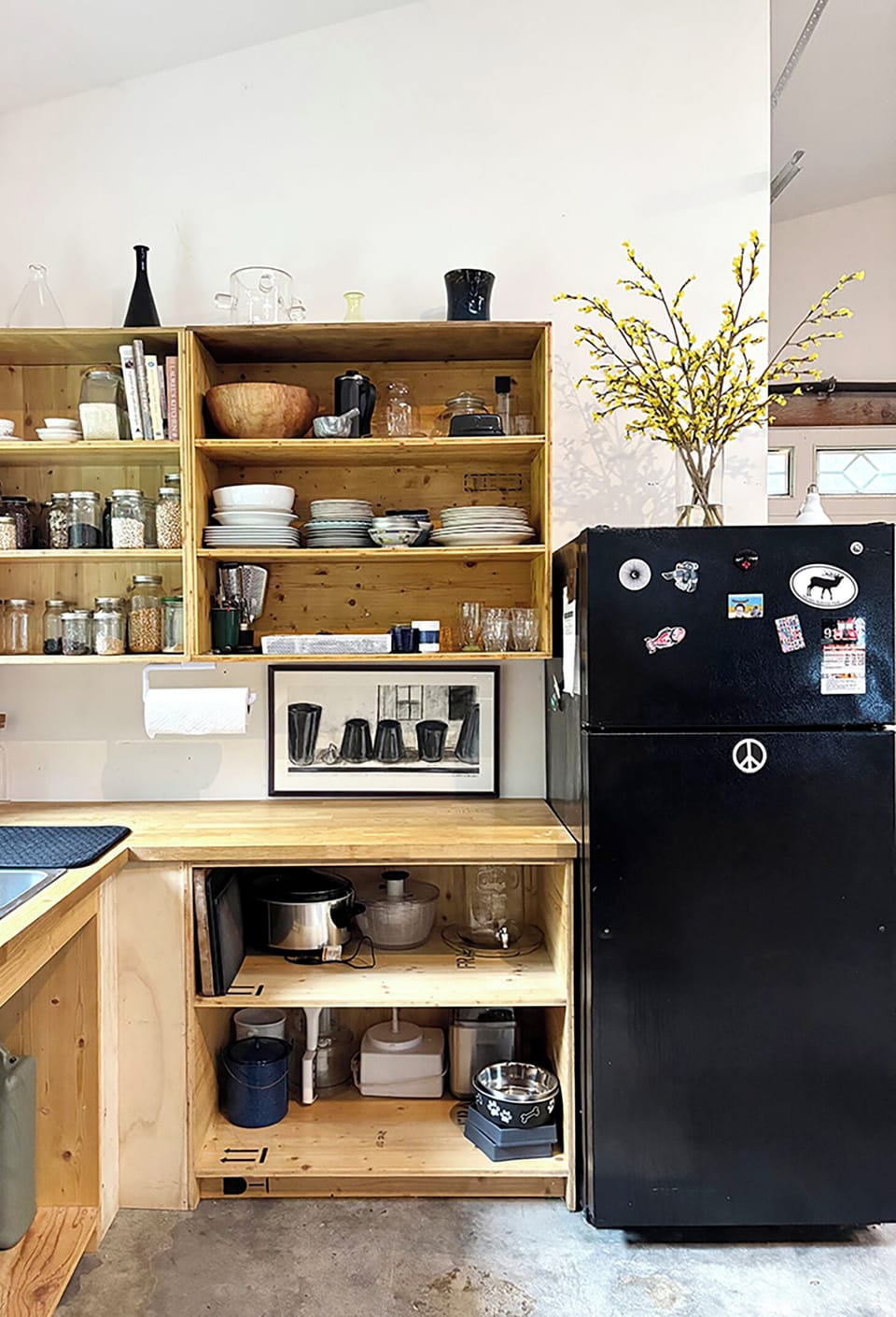 Fully equipped kitchen custom open wood cabinets for easy access.