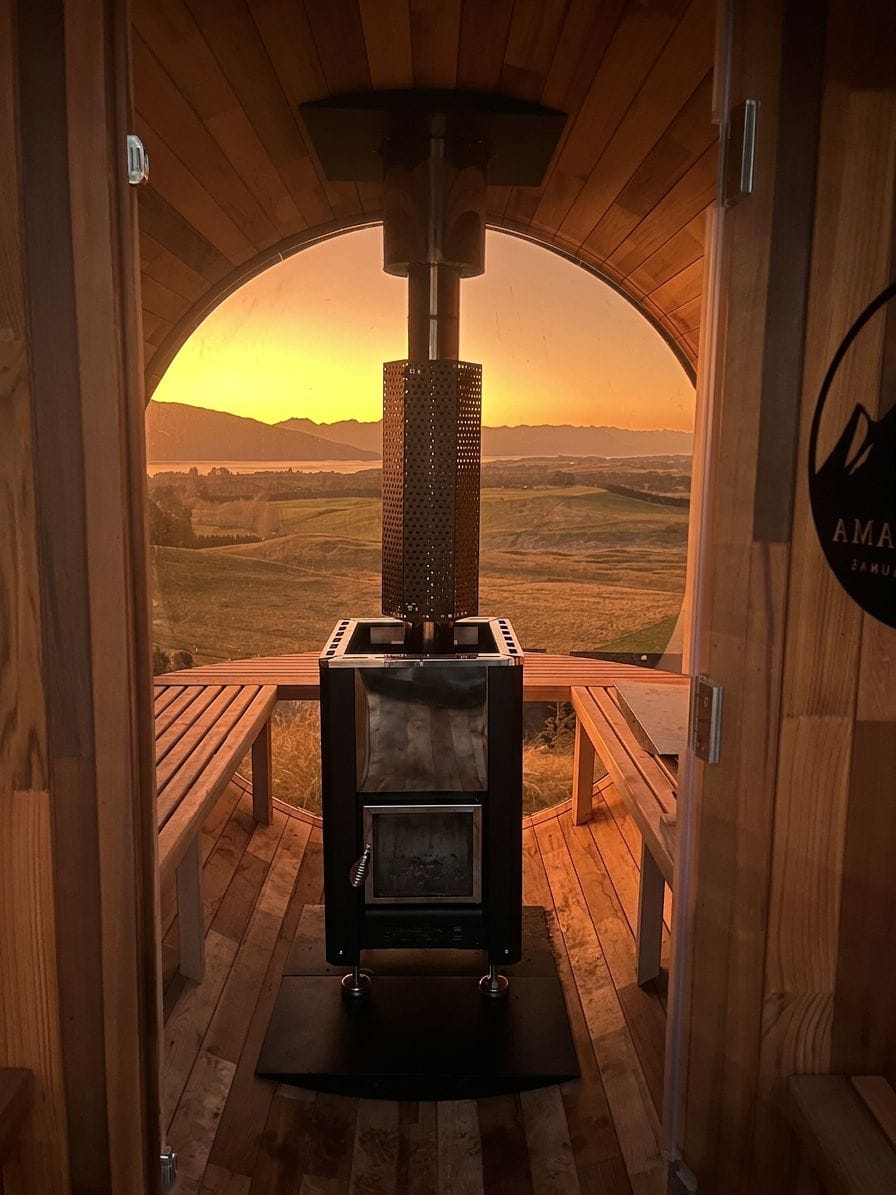 Shared wood-fired sauna. Light yourself, or enquire about our lighting service.
