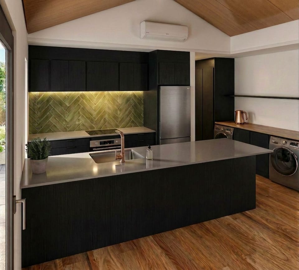 Rendered image of kitchen / laundry area. Subject to slight change.