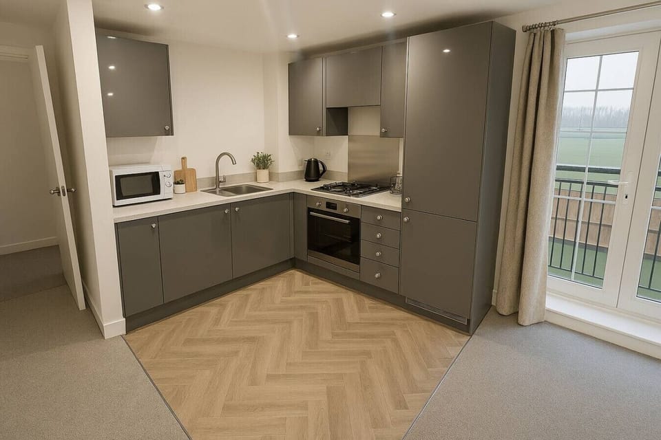 Cook and dine in the open-plan kitchen beside full-height glazed doors