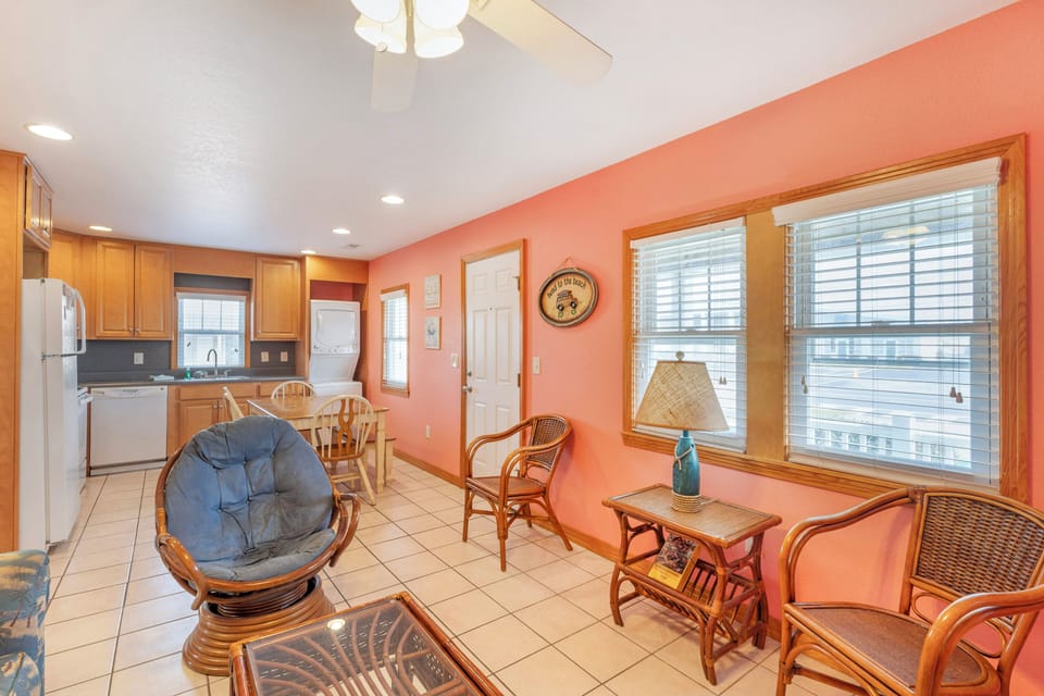 Kitchen and front entry areas within the living room