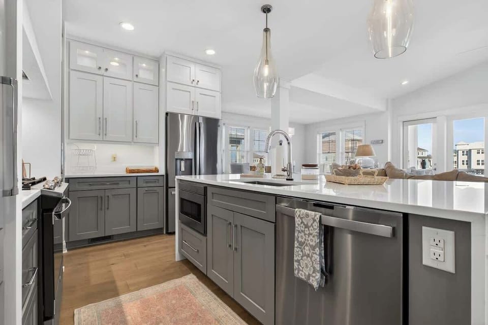 Stainless appliances and ample counter space make group meals simple