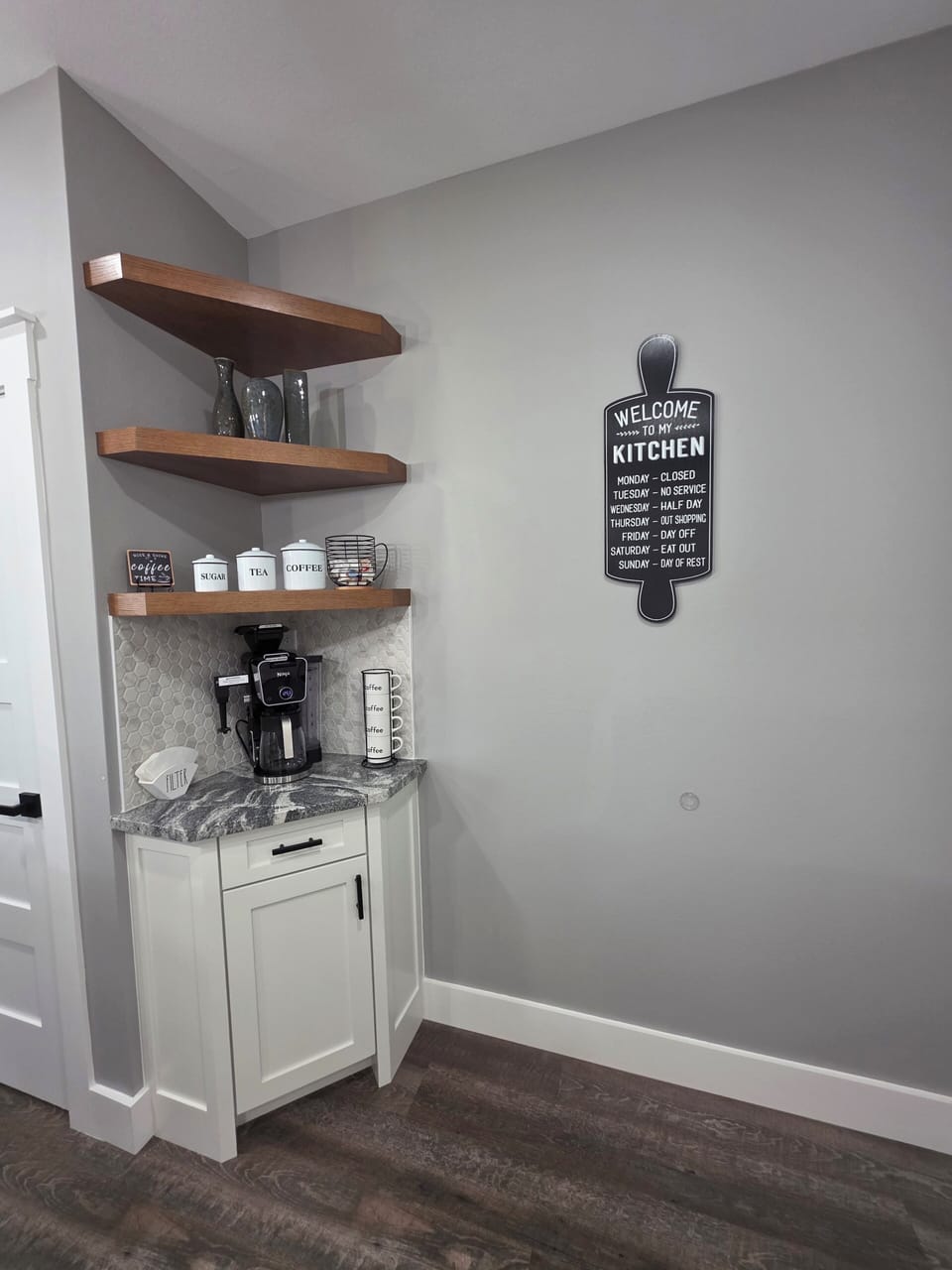  coffee and coffee maker, tea, sugar, cream 