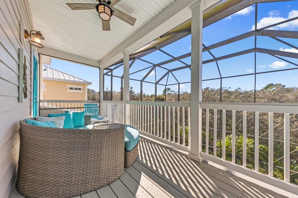 “Direct balcony access from the Small World room overlooking the pool area.”