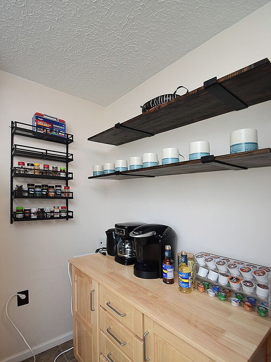 Fully stocked coffee station with a Keurig, drip coffee maker, electric kettle.