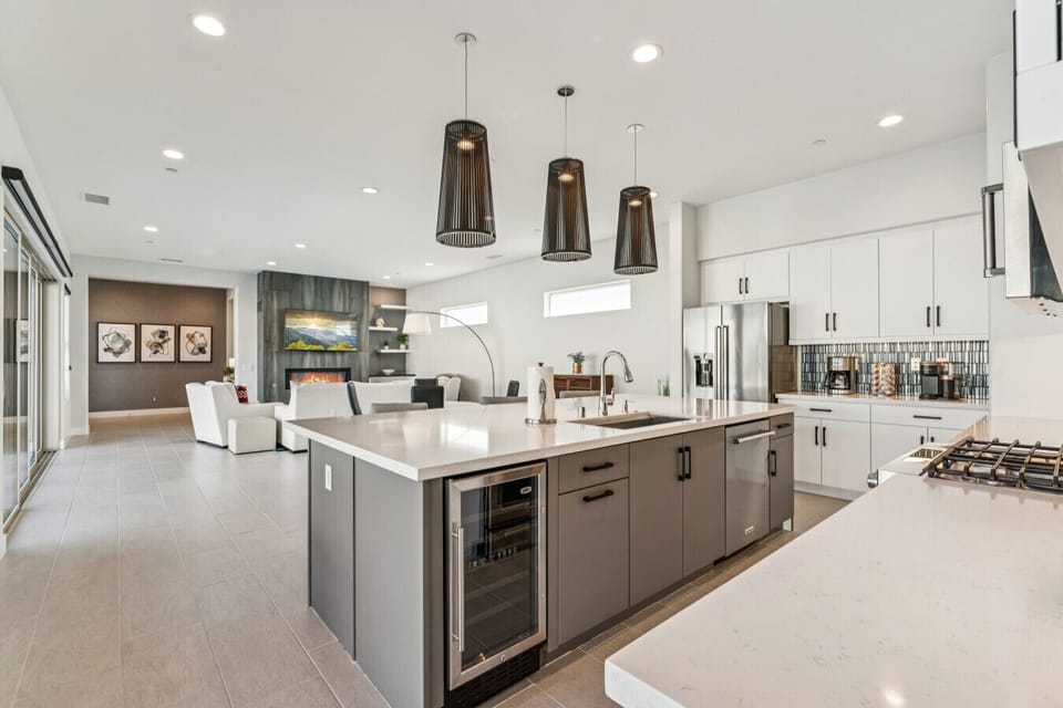 Spacious gourmet kitchen with large island and seating.