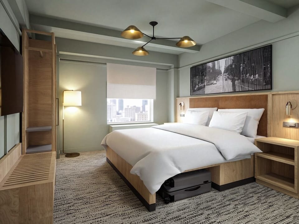 Drift off in a serene space with warm wood finishes.