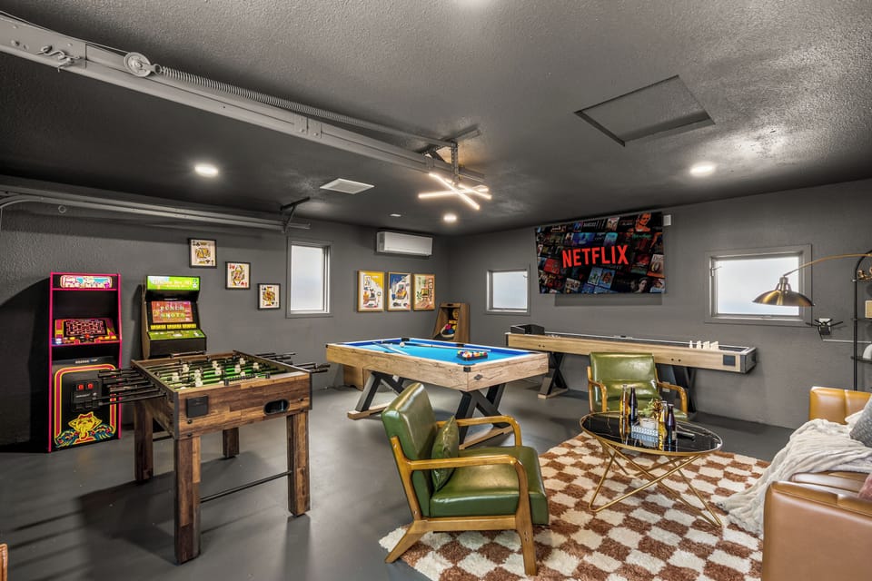 Epic game room — pool, foosball, arcades, shuffleboard, and Netflix.