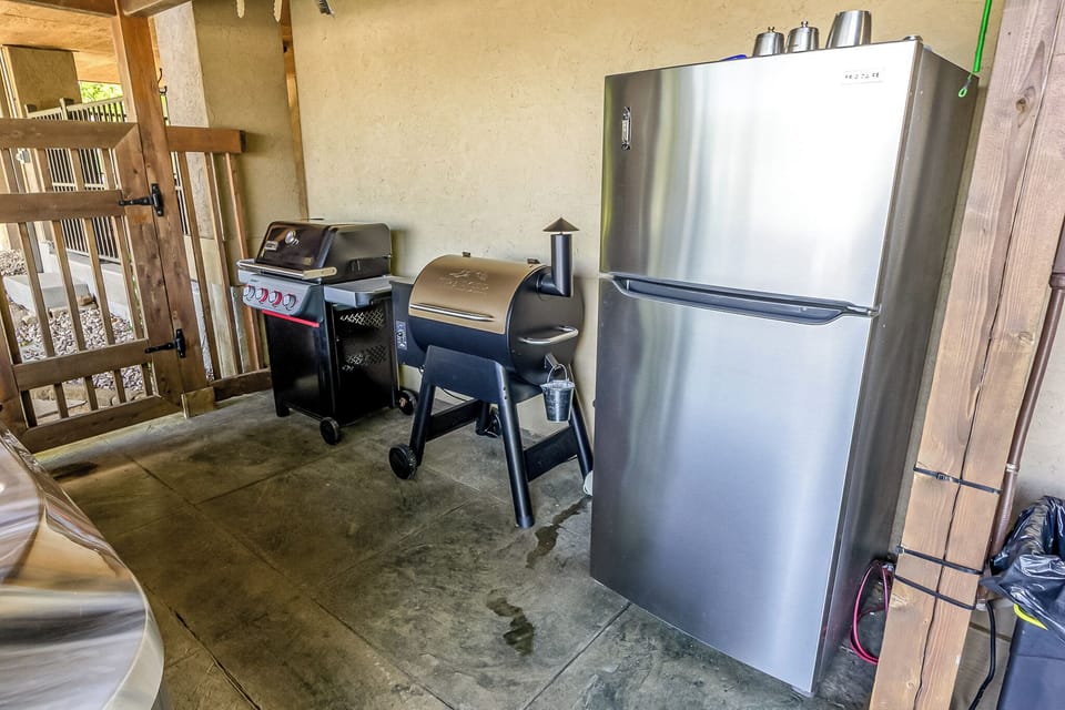 Weber grill, Traeger smoker, Refrigerator