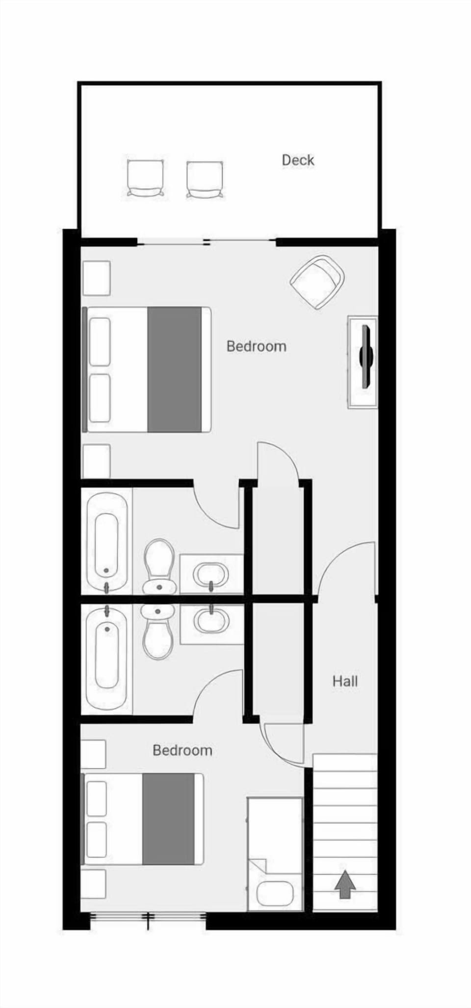 This floor plan shows your vacation rental's layout with two bedrooms, bathroom, and private deck access.