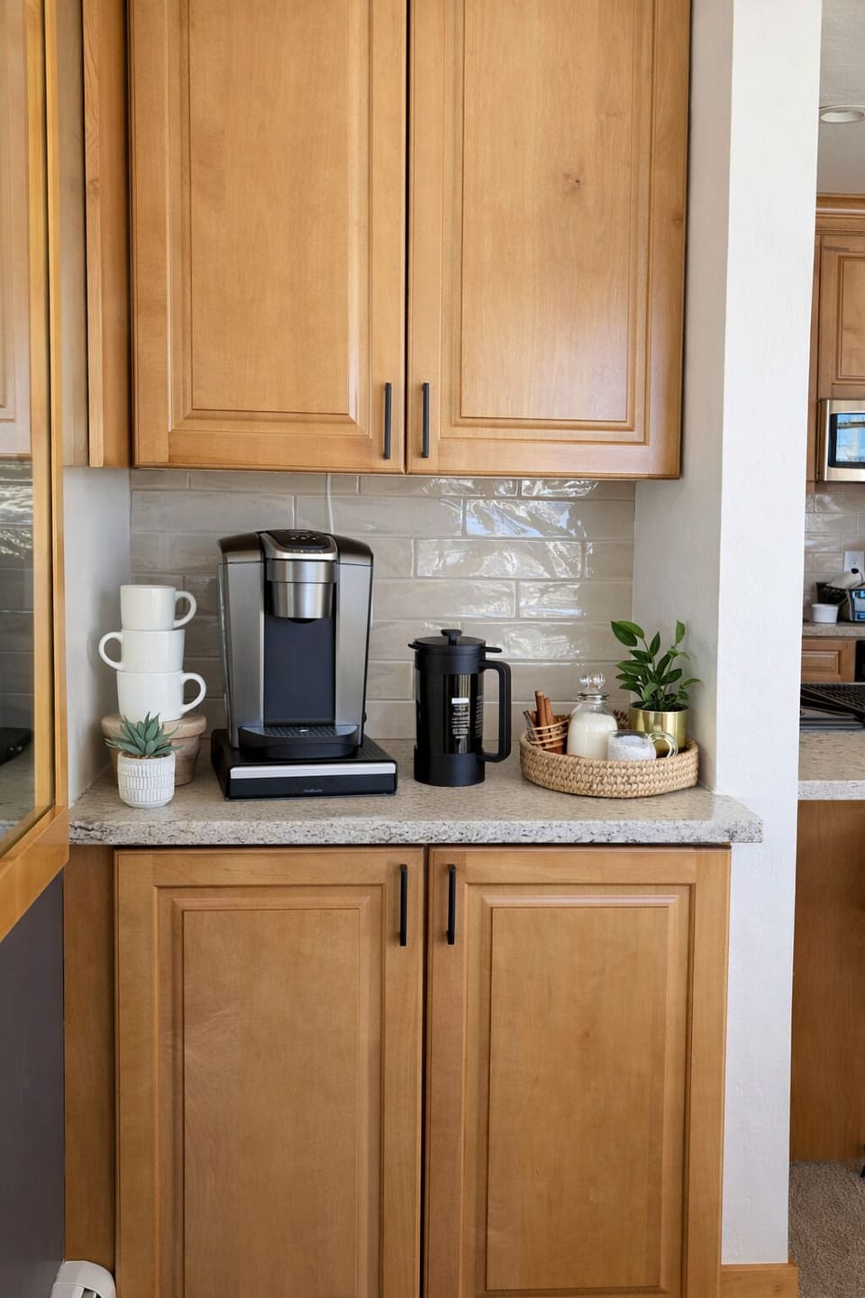 Coffee nook with Kurieg, French Press, and Tea Pot.  Start your day right!