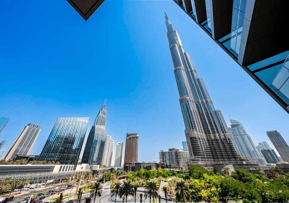 Exterior View: Experience the sheer scale and architectural grandeur of Dubai with this spectacular, unobstructed view of the magnificent Burj Khalifa and the surrounding skyscrapers.