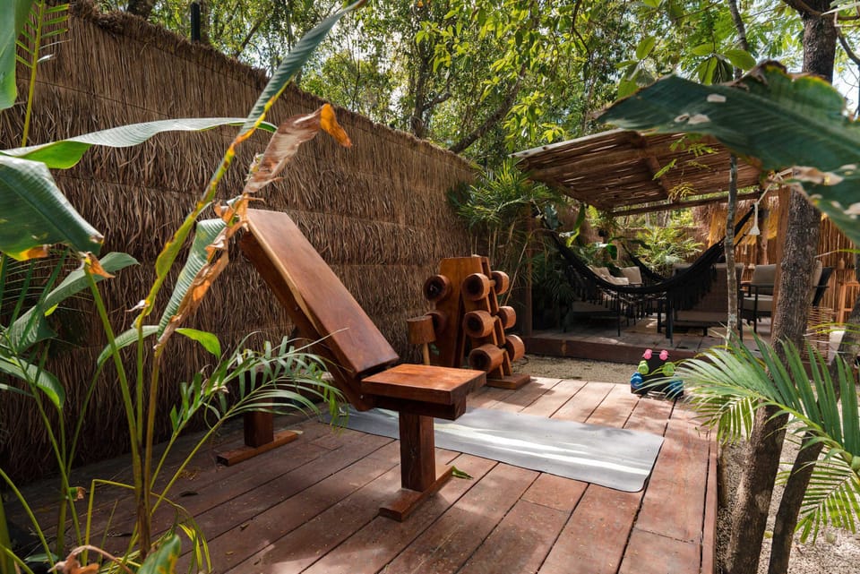 Outdoor gym and garden area with climbing structure nestled in vibrant Tulum jungle.