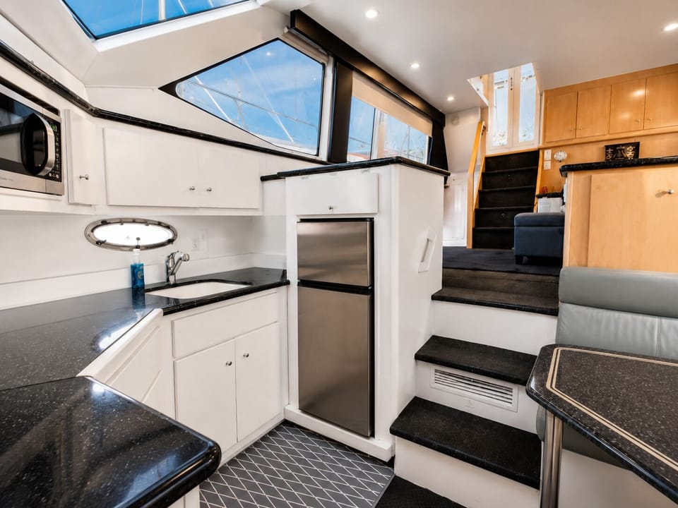 Galley and saloon steps with the fridge and storage built in below deck
