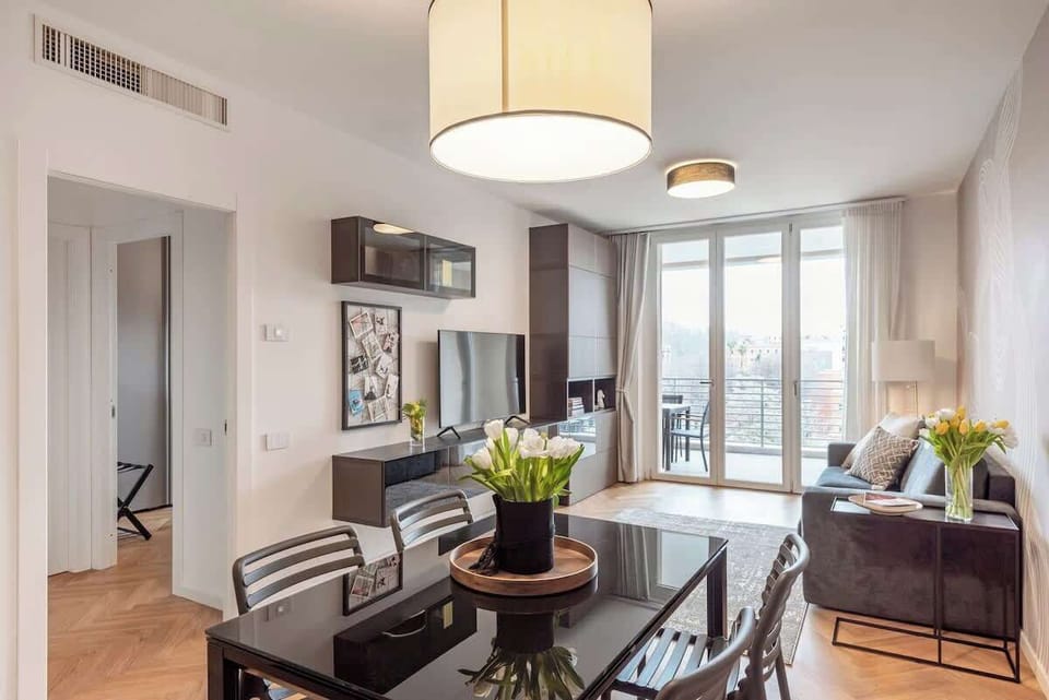 Refined and contemporary living room. Notice the terrace.