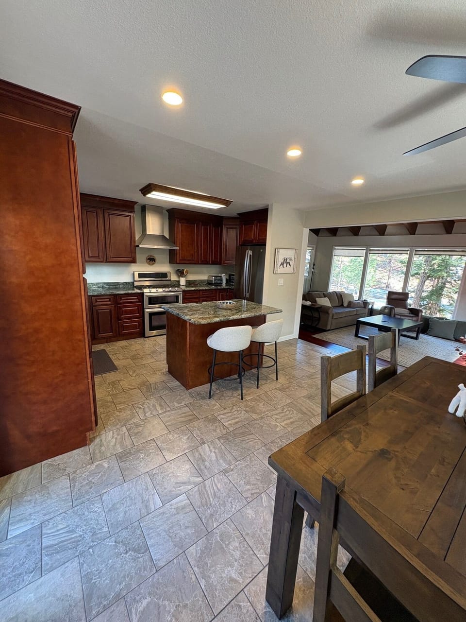 Spacious living areas with natural Tahoe light and forest views.