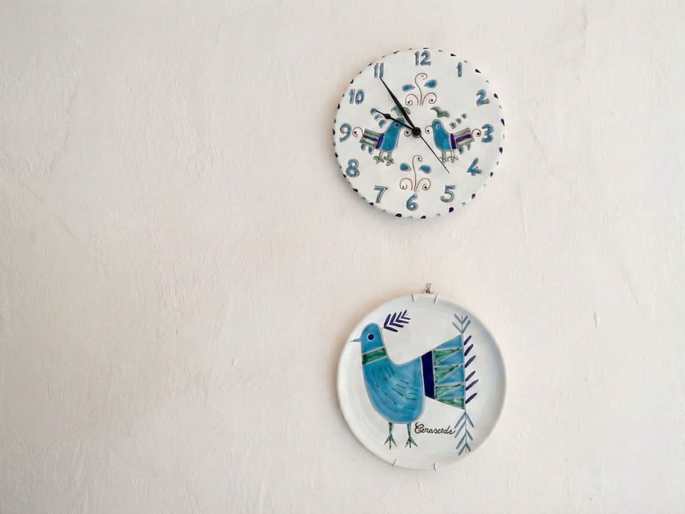 Blue, Porcelain, Dishware, Design, Clock