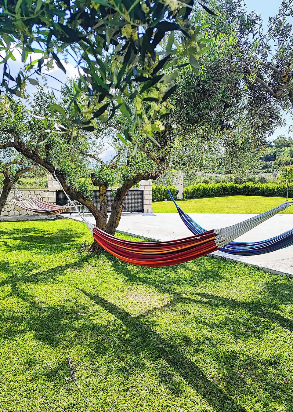 Relax in the hammock beneath olive trees in the lush green garden, the perfect place for reading, afternoon naps, or enjoying the Greek sunshine