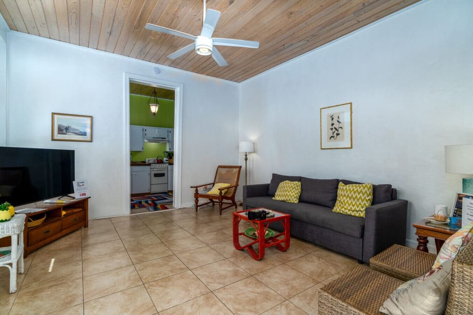 The spacious, comfy living room with flatscreen TV