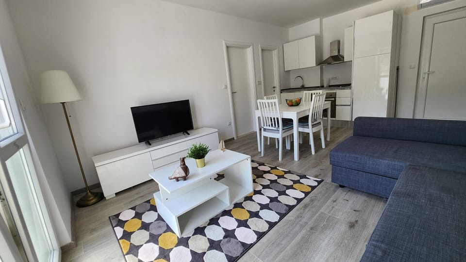 Dining table, tv, pull out sofa for one, kitchen