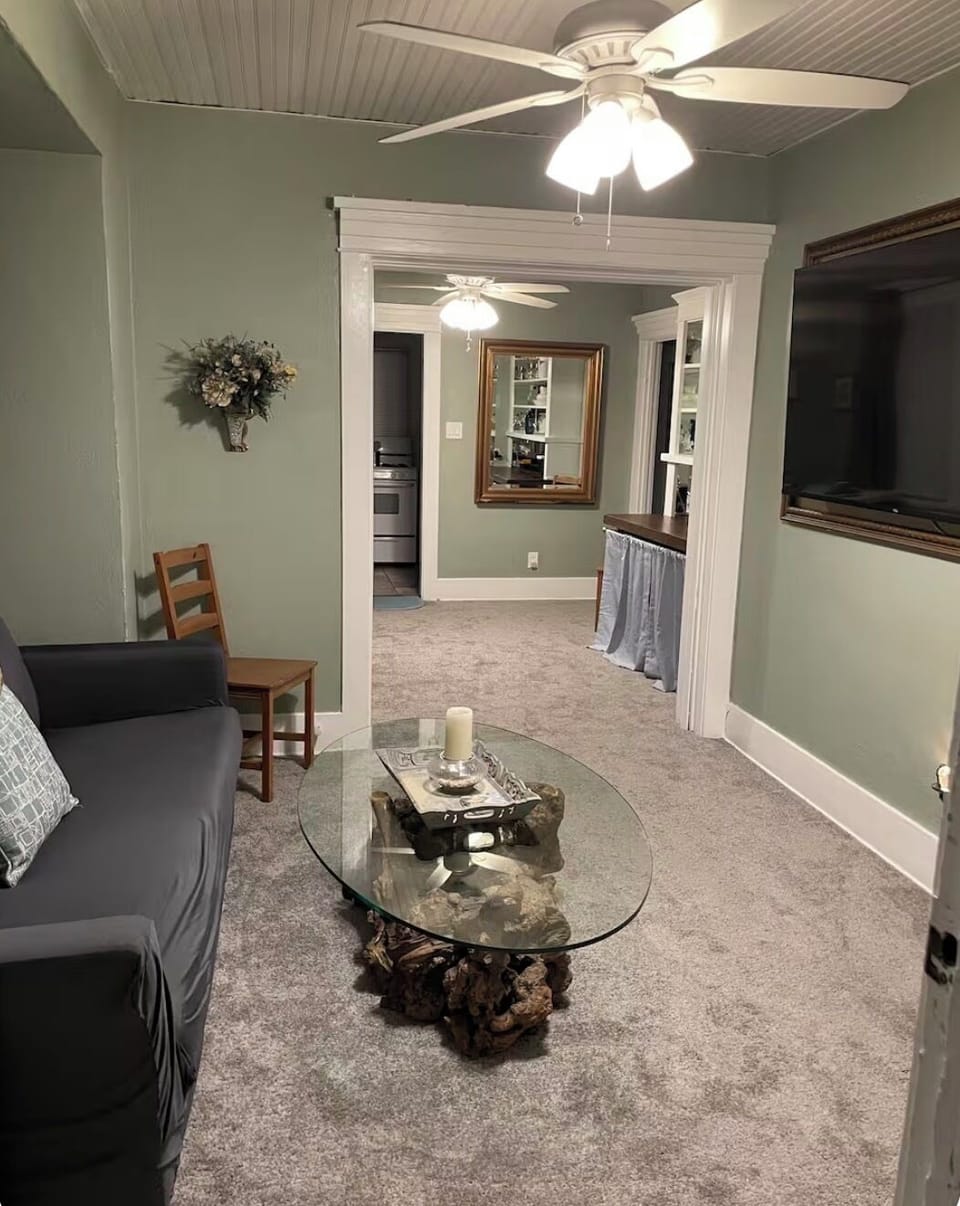 View of the living room from the front door. 