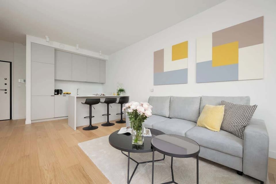 Modern and bright living room interior with dining area, kitchenette, television with cable channels and comfortable double sofa bed.