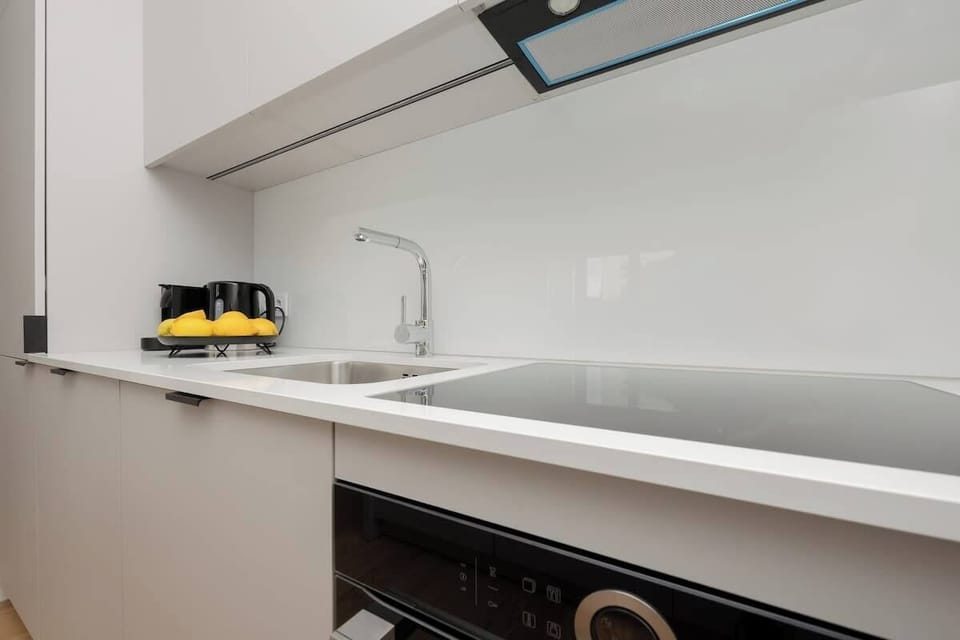Modern and practically equipped kitchenette with an induction hob, coffee machine, microwave, oven, electric kettle and fridge with freezer.