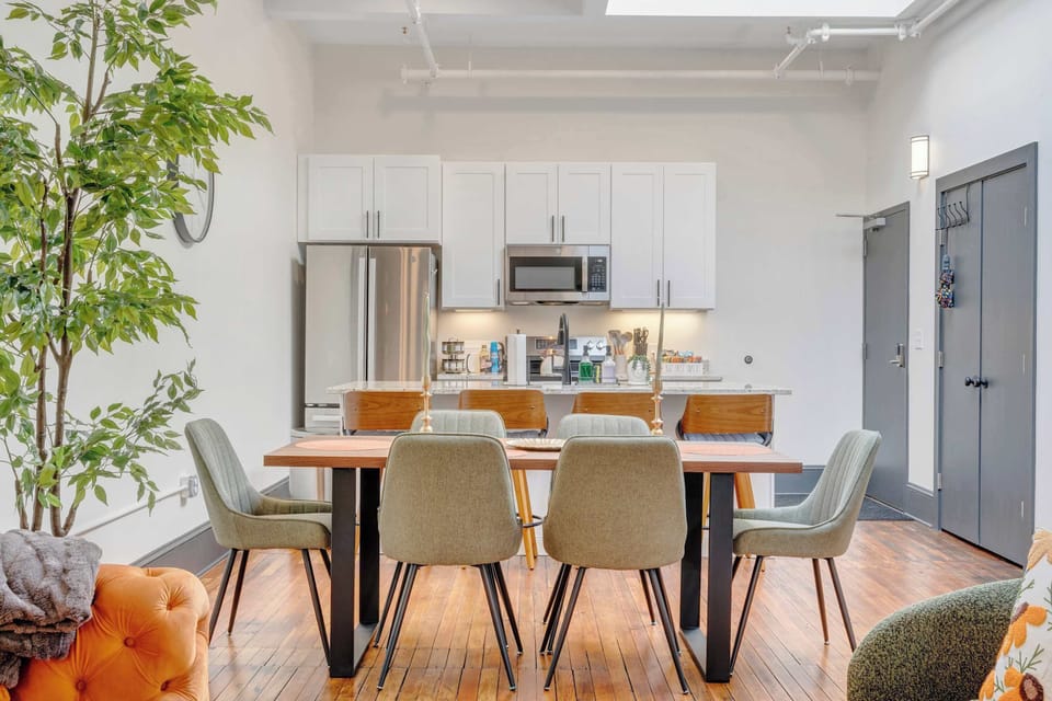 Open-concept dining and kitchen areas