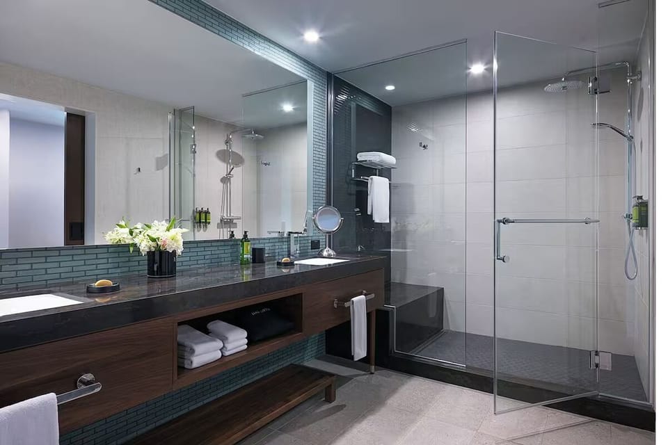 Get ready with generous counter space and a bright, airy bath.