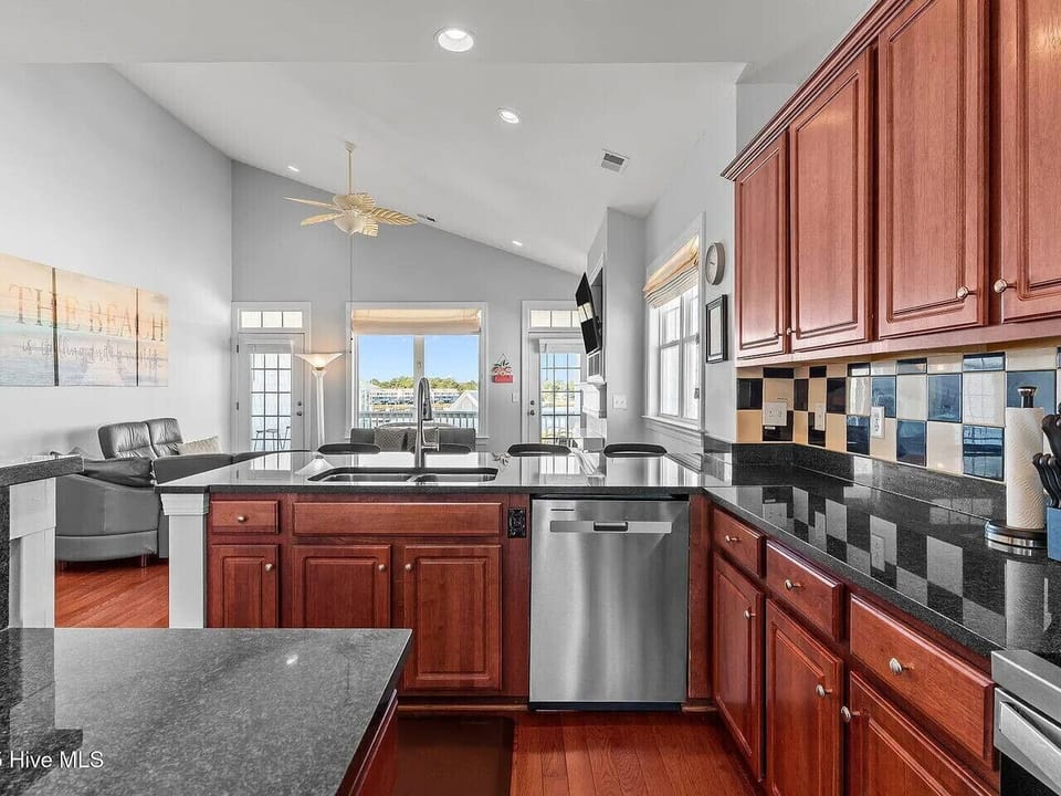 Kitchen with ocean and waterway view