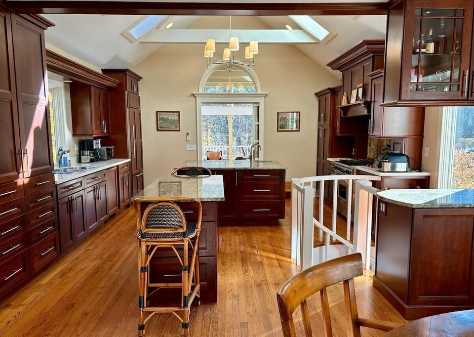 huge chef's kitchen with skylights